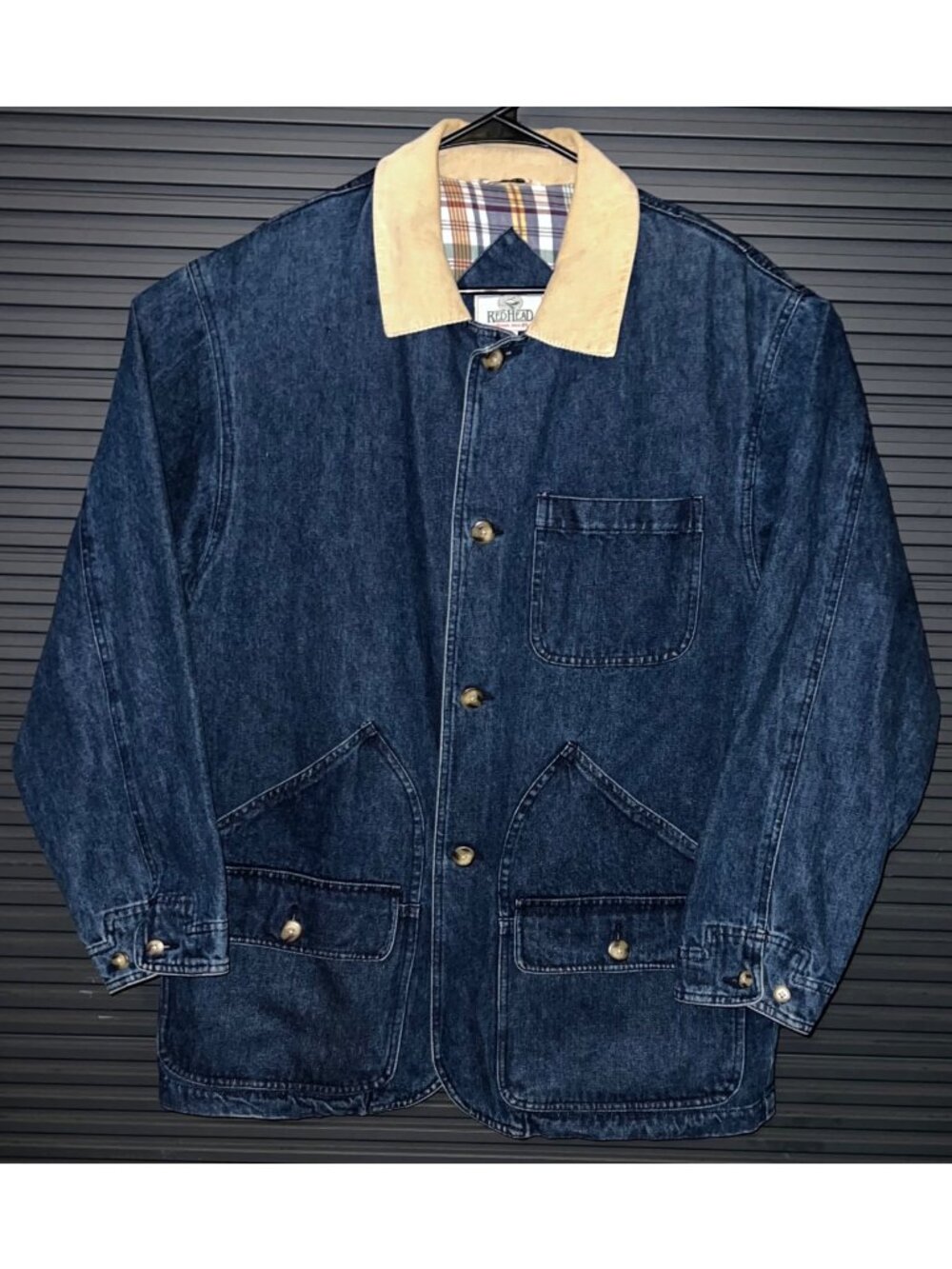 Vintage Redhead Mens‎ Denim Jacket Size L Corduroy Collar Plaid Lining Button